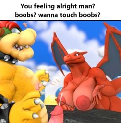 1boy 1girls anthro bodily_fluids boobs?_wanna_touch_boobs? bowser breasts charizard cum drooling duo ejaculation english_text erection female generation_1_pokemon genital_fluids genitals hi_res koopa male male/female mario_(series) nintendo nipples non-human_areolae nude penis pokemon pokemon_(species) presenting presenting_breasts saliva scalie surprised_expression text tigura zard_mom zardmom_(reptilligator)