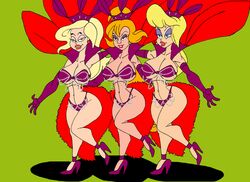 3girls animaniacs bangs big_breasts bikini bikini_bottom bikini_top black_hair blonde_hair blue_eyes brown_eyes busty caglioro3666 cleavage curvy ear_piercing earrings elbow_gloves eyeshadow female female_only front_view gloves green_eyes group hello_nurse high_heels hourglass_figure human jewel leg_lift leg_up lipstick long_hair makeup micro_bikini midriff multiple_females multiple_girls open_mouth orange_hair piercing pose posing purple_gloves red_lipstick showgirl simple_background skimpy smiling standing string_bikini swimsuit underboob very_long_hair voluptuous warner_brothers wide_hips yellow_hair yuri