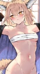 2024 animal_ear_fluff animal_ears arknights armpits black_hair blush braid breasts chest_sarashi closed_mouth female fox_ears fox_girl fox_tail groin hi_res long_hair looking_to_the_side medium_breasts navel out-of-frame_censoring plastic_night_q sarashi scar scar_on_chest scar_on_face scar_on_shoulder scar_on_stomach single_braid tail vulpisfoglia_(arknights) yellow_eyes