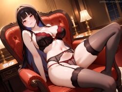 1girls ai_generated anilvl armchair bangs bare_arms bare_shoulders black_bra black_garter_belt black_hair black_panties black_thighhighs blunt_bangs blush bra breasts candle card chair cleavage collarbone colored_inner_hair couch dutch_angle foot_out_of_frame garter_belt grin indoors jabami_yumeko kakegurui knee_up lace-trimmed_bra lace_trim lamp large_breasts legs lingerie long_hair looking_at_viewer multi-strapped_panties multicolored_hair navel night no_shoes on_chair panties parted_lips playing_card red_bra red_eyes red_panties sitting skindentation smile solo stomach string_panties table thighhighs thighs underwear underwear_only window