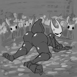 animal_humanoid arthropod arthropod_abdomen arthropod_humanoid ass bav big_butt breasts cross-popping_vein exoskeleton female genitals group hi_res hollow_knight hornet_(hollow_knight) humanoid looking_back monochrome nude pussy team_cherry vessel_(species)