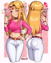 absurdres alternate_costume ass bag belt blonde_hair bracelet casual cellphone circlet crop_top cropped_legs eyelashes female hand_on_own_hip handbag heart highres huge_ass jewelry long_hair multiple_views nintendo one_eye_closed pants parted_bangs pendant_choker phone pink_shirt pointy_ears princess_zelda sarukaiwolf shirt smartphone smartphone_case smile solo the_legend_of_zelda the_legend_of_zelda:_a_link_between_worlds v white_pants