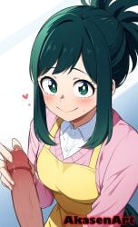 1boy ai_generated akasenart apron female female green_hair handjob inko_midoriya milf my_hero_academia penis smiling