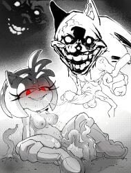 amy_rose anthro balls bodily_fluids boots breasts calabreso clothing creepy creepy_face duo eulipotyphlan female footwear genital_fluids genitals glowing glowing_eyes grin grinning_at_viewer hedgehog hi_res horror male male/female mammal penis pussy red_eyes scary sega shoes smile sonic.exe sonic_the_hedgehog sonic_the_hedgehog_(series) sweat tentacle