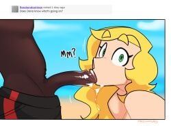 averysweatyboy beach beach_background black_skin blonde_female blonde_hair blonde_hair blowjob dark-skinned_male english_text green_eyes light-skinned_female penis penis_in_mouth pubic_hair question_mark saliva saliva_drip saliva_on_penis white_skin