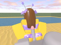 1boy 1boy1girl 1girls 3d artist_request beach_background blocky_body bloxzrd brown_hair female penis_against_ass purple_bikini purple_panties roblox roblox_avatar robloxian source_request tagme yellow_body yellow_skin