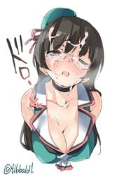 aqua_hat ascot bangs black_hair blush breasts breath choukai_(kantai_collection) cleavage collarbone commentary_request cum cum_on_glasses cum_on_hair ebifurya erect_nipples eyebrows_visible_through_hair facial female glasses grey-framed_eyewear hat heart highres kantai_collection long_hair looking_at_viewer medium_breasts mini_hat one_eye_closed open_mouth red_eyes remodel_(kantai_collection) semi-rimless_glasses simple_background sleeveless solo twitter_username under-rim_glasses upper_body white_background