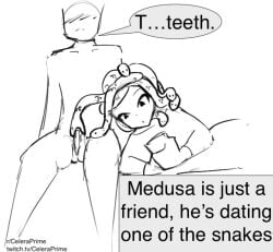 bestiality black_and_white blank_background blowjob celera_prime cfnm dialogue female gorgon male medusa oral simple_background snake snake_hair text third-party_source