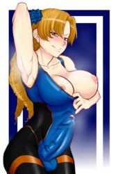 1futa absurdres areolae armpits arms_behind_back big_breasts blonde_hair blue_nails breasts breasts_out bulge cum dickgirl erection erection_under_clothes fate/stay_night fate_(series) futa_only futanari heavy_breathing highres intersex large_breasts leotard looking_at_viewer luviagelita_edelfelt nail_polish nipples penis penis_under_clothes precum red_eyes ringlets skin_tight solo solo_futa tammaro