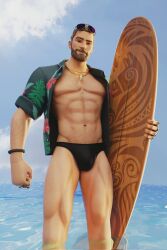 1boy 3d 3d_(artwork) 3d_artwork abs beach bogey_basher collars fortnite gunnsteam holding_object holding_surfboard looking_at_viewer male male_only muscles on_water open_shirt poster sfw six_pack solo solo_male speedo standing_on_water sunglasses sunglasses_on_head surf_table surfboard textless textless_version