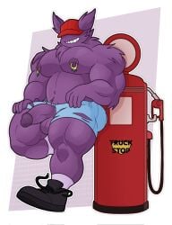 anthro balls big_muscles big_pecs black_clothing black_footwear black_shoes bottomwear clothing cutoffs denim denim_bottomwear denim_clothing footwear fur gas_pump generation_1_pokemon gengar genitals grin hat hat_over_eyes headgear headwear hi_res hidden_eyes hotpants huge_muscles male muscular muscular_anthro muscular_male nandarazzi navel nintendo nipple_piercing nipples pecs penis piercing pokemon pokemon_(species) purple_balls purple_body purple_fur purple_nipples purple_penis red_clothing red_hat red_headwear shorts smile socks solo thick_thighs torn_bottomwear torn_clothing torn_shorts