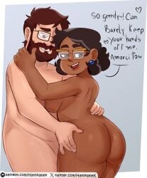 1boy 1girls abryssle ass_grab blue_eyes brown_hair camila_noceda dark-skinned_female dark_skin earrings english_text facial_hair female glasses green_eyes hatokamek heart latina looking_back male milf nude nude_female nude_male original original_character rear_view short_hair spanish_text the_owl_house