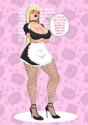 angry banjabu blonde_hair blush choker cleavage embarrassed english_text fishnets gravity_falls green_eyes high_heels hoop_earrings huge_breasts maid maid_headdress maid_uniform pacifica_northwest speech_bubble strip_game