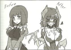 1girls before_and_after big_breasts blush bow collar colorless cum_in_hair cum_on_breasts cum_on_face cum_on_tail cum_on_wings fully_clothed horns large_breasts lesser_succubus monster_girl monster_girl_encyclopedia succubus transformation white_background wings