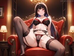 1girls ai_generated anilvl armchair bangs bare_arms bare_shoulders black_bra black_garter_belt black_garter_straps black_hair black_panties black_thighhighs blunt_bangs blush bow bow_bra bow_panties bra breasts brown_thighhighs cameltoe chair cleavage collarbone colored_inner_hair couch crotch feet foot_out_of_frame garter_belt garter_straps grin hair_intakes hime_cut indoors jabami_yumeko kakegurui knee_up lace-trimmed_bra lace_trim lamp large_breasts leaning_back legs lingerie long_hair looking_at_viewer navel no_shoes on_couch panties parted_lips picture_frame red_bra red_eyes red_panties sitting skindentation smile solo spread_legs stomach string_panties thighhighs thighs toes underwear underwear_only