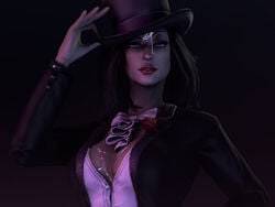 3d after_paizuri black_hair blue_eyes breasts cleavage cum cum_on_breasts cum_on_face cum_on_head dc dc_comics female hair hat headgear injustice:_gods_among_us lipstick looking_at_viewer redmoa source_filmmaker top_hat zatanna