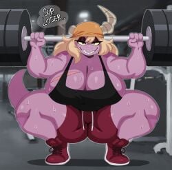 1female 1females 1girls 2024 absurd_res absurd_resolution anthro anthro_female barbell bedroom_eyes black_tank_top blonde_hair bodily_fluids broken_horn cass_(simplifypm) dialogue dragon english_text exercise eyeliner female grin gym hi_res huge_breasts lizard lizard_girl looking_at_viewer muscular muscular_female mythology purple-skinned_female purple_skin red_pants red_shorts scalie scalie_female scalie_only scar scar_on_breast sharp_teeth simplifypm smile solo solo_female solo_focus speech_bubble sportswear sssonic2 sweat sweaty sweaty_breasts sweaty_legs sweaty_thighs tail talking_to_viewer the_simplifypm-verse tomboy weightlifting weights wide_hips workout