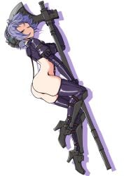 armor ass axe battle_axe black_footwear bottomless breasts closed_eyes commentary covered_erect_nipples crotch_strap cyberpunk drop_shadow english_commentary female full_body headset high_heels highres long_sleeves martyr_(the_citadel) medium_breasts purple_hair purple_thighhighs revealing_clothes sate short_hair simple_background skindentation solo the_citadel thighhighs weapon white_background