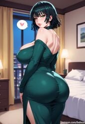 ai_generated ass balecxi bare_shoulders bed bedroom big_breasts black_hair female from_behind fubuki_(one-punch_man) green_dress green_eyes indoors lamp large_breasts looking_at_viewer looking_back off_shoulder one-punch_man parted_lips patreon_username short_hair solo spoken_heart window