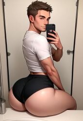 1boy 1male ai_generated ass ass_focus bathroom bathroom_selfie black_bottomwear black_shorts booty_shorts brown_hair bubble_ass bubble_butt caked_up caucasian caucasian_male dat_ass fat_ass fat_butt fit_male holding_phone huge_ass huge_butt looking_at_viewer male male_focus male_only massive_ass midriff mirror_selfie phone selfie sitting sitting_on_counter smile solo solo_male stubble twink white_shirt white_topwear