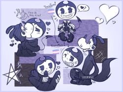 batim bendy bendy_and_the_ink_machine bendy_fem bendy_the_dancing_demon borendy boris_the_wolf cartoon cartoony cute demon devil gay gay_sex genderbent kissing penis rubberhose rule_63 trans_man trans_woman transfem transgender_pride_colors transmasc wolf