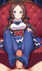 ai_generated blush brown_hair dress fate/grand_order fate_(series) feet feet_on_penis footjob leonardo_da_vinci_(fate/grand_order) leonardo_da_vinci_(rider)_(fate) light-skinned_female light-skinned_male light_skin looking_at_viewer pantyhose penis small_breasts