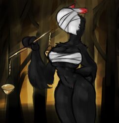 3_fingers abnormality_(project_moon) alexleviafan anthro avian bird bird_of_judgement black_body blindfold bondage bound breast_bondage breast_squish breasts clothing digital_media_(artwork) feathers female fingers genitals hand_behind_back head_tilt lobotomy_corporation long_neck looking_at_viewer nude project_moon simple_background small_tail solo squish standing tail tight_clothing tight_topwear topwear vulva weighing_scale wings