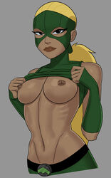 1girls artemis_(dc) artemis_crock belly_button belt black_eyes blonde_hair breasts brown_nipples dc dc_comics erect_nipples exposed_nipples female female_only flashing game_cg green_mask green_pants green_shirt green_sleeves human light_smile long_hair mask medium_breasts midriff navel nipples no_bra pants pinup shirt shirt_lift shirt_pull shirt_up sleeves smile smiling solo standing stomach sunsetriders7 superheroine uncensored upper_body young_justice