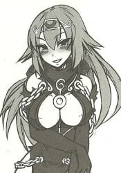 big_breasts blush chains colorless fully_clothed large_breasts long_hair monster_girl monster_girl_encyclopedia nightmare seductive_look smile white_background