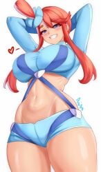 anisdrawn big_breasts breasts latina midriff nintendo pokemon pokemon_bw red_hair skyla_(pokemon) smile tanned_female thick_thighs thighs tight_clothing