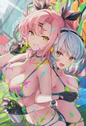 2girls ai_generated anby_demara big_breasts bikini_top female female_focus female_only gloves graffiti_on_body nicole_demara pink_hair raaicave small_breasts white_hair