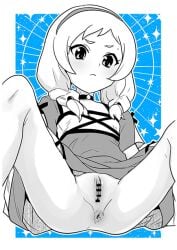 anus ass blue_background border braid breasts character_request choker copyright_request female greyscale hairband heriyama medium_hair monochrome no_panties pussy small_breasts spot_color spread_legs twin_braids upskirt white_border