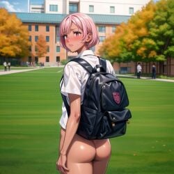 ai_generated ashamed ass backpack bare_ass blush bottomless campus college_girl crowd dark_skin embarrassed exhibitionism exhibitionist exposed_ass glj-enf hazing humiliated humiliation nude_from_the_waist_down pantsed pantsing pantsless pink_hair public public_exposure public_humiliation public_indecency public_nudity sad school shiny_skin shirt_only