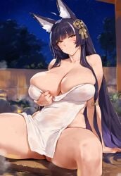 1girls ai_generated azur_lane big_breasts breasts female female_focus female_only fox_ears huge_breasts large_breasts long_hair mature_female musashi_(azur_lane) onsen purple_hair smiling towel yellow_eyes