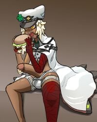 1futa 1girls after_orgasm belt blonde_hair burger clothed cum_in_food dark_skin eating epic_omi food futanari guilty_gear guilty_gear_strive hat holding_object large_balls large_penis leaking_cum ramlethal_valentine sitting thick_thighs yellow_eyes