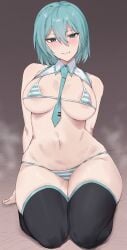 1girls alternate_hairstyle breasts female female_only hatsune_miku hatsune_miku_(collared_bikini) kataku_musou large_breasts light-skinned_female light_skin looking_at_viewer short_hair solo striped_bikini thighhighs thighs vocaloid wide_hips