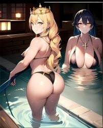 2girls ai_generated ass ass ass_focus barely_clothed bikini bikini_bottom bikini_top blonde_female blonde_hair blonde_hair blue_hair bra clothed clothing cross cross_necklace crown curvaceous curves curvy curvy_body curvy_female curvy_figure curvy_hips earring earrings fat_ass female female_focus female_only gold_eyes gold_jewelry hair_between_eyes holy long_hair looking_at_viewer looking_back looking_back_at_viewer looking_up navy_blue_hair night only_female partially_clothed pierced_ears pool poolside princess religion shortstack smile smiling smiling_at_viewer thee_voiid thighs water wet wet_body