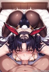 1boy :>= ai_generated animal_ears ass balecxi black_hair black_leotard blush fake_animal_ears fake_tail fate/grand_order fellatio female heart heart-shaped_pupils hoop_earrings ishtar_(fate) jewelry large_breasts long_hair looking_at_viewer male_pubic_hair oral pantyhose parted_bangs patreon_username penis playboy_bunny pov rabbit_ears rabbit_tail red_eyes solo_focus straight symbol-shaped_pupils