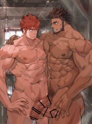 2boys abs ass_visible_through_thighs bara beard beefy biceps big_areola big_breasts big_penis brown_eyes brown_hair censor_bar censored censored_penis chest_hair completely_nude cross_scar dark-skinned_male dark_skin duo eyebrows_visible_through_hair flaccid foreskin frown gay half-erect hand_on_hip hand_on_leg hand_on_shoulder happy_trail height_difference hi_res huge_cock hunk indoor_nudity indoors long_penis looking_at_another male male/male male_breasts male_only manly mature_male muscles muscular muscular_arms muscular_legs muscular_male muscular_thighs navel nikism oil_lamp oppai original original_character pecs penis_size_difference pubic_hair red_eyes red_hair scar scar_on_arm scar_on_chest scar_on_hand scar_on_leg scar_on_shoulder scar_on_stomach scars_all_over short_hair sideburns six_pack size_difference sousuke000 standing thick_arms thick_eyebrows thick_neck thick_penis thick_thighs tough_guy uncut veiny_arms veiny_muscles veiny_penis weird_hands