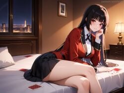 1girls ai_generated anilvl arm_support bangs bare_legs bed bed_sheet bedroom black_hair black_ribbon black_skirt blazer blunt_bangs blush breasts card closed_mouth collared_shirt crossed_legs desk_lamp feet_out_of_frame hime_cut indoors jabami_yumeko jacket kakegurui lamp large_breasts long_hair long_sleeves looking_at_viewer miniskirt night on_bed parted_lips pillow playing_card pleated_skirt red_eyes red_jacket red_nails ribbon school_uniform shirt sitting skirt smile solo straight_hair thighs very_long_hair white_shirt window