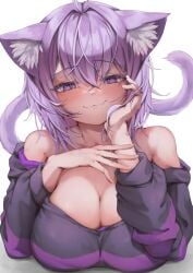 animal_ear_fluff animal_ears blush breast_rest breasts breasts_on_table cat_ears cat_girl cat_tail cleavage clothes_lift female hair_between_eyes highres hololive hood hoodie hoodie_lift large_breasts looking_at_viewer medium_hair nekomata_okayu nekomata_okayu_(1st_costume) nekomata_okayu_(wonderland) not_porn official_alternate_costume onigiri_print purple_eyes purple_hair sfw shirt skirt solo tail tooya0923 virtual_youtuber zipper_skirt