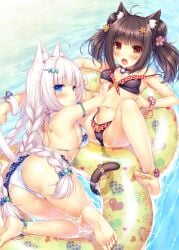 2girls blue_eyes brown_eyes brown_hair catgirl chocola_(sayori) feet floatie long_hair nekopara short_hair swimsuit teary_eyes vanilla_(sayori) water white_hair