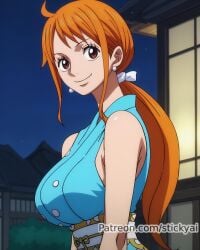 ai_generated anime_style cleavage female female_only japanese_clothes kunoichi nami nami_(one_piece) one_piece orange_hair revealing_clothes stickyai wano_country