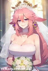 ai_generated big_ass big_breasts big_butt big_thighs blush breasts church female flower genshin_impact huge_ass huge_breasts huge_butt huge_thighs jewelry pink_hair purple_eyes wanuze wedding wedding_dress white_flower wide_hips yae_miko