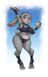 1girls alternate_costume alternate_version_available animal_ears anthro armwear big_breasts blush boingfarm bottomwear breasts bunny_ears bunny_girl bunny_tail cleavage female female_only full_body grey_body grey_skin hips holding_object huge_breasts judy_hopps lagomorph nipple_bulge pen purple_eyes shortstack solo solo_female sports_bra sportswear tail thighs topwear wide_hips zootopia