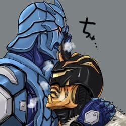 1_horn 2boys 3_horns armor armored_male bear blue_armor blue_tongue blush eyeless eyeless_face eyeless_male fur_clothing gay heavy_breathing holding_horn holding_partner horn_lick imagin japanese_text kamen_rider kamen_rider_den-o_(series) kintaros licking licking_horn light_blush male/male male_focus male_only onomatopoeia orange_eyes sweatdrop tongue tongue_out turtle urataros yaoi yellow_armor yellow_eyes