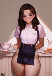 1boy ai_generated androgynous black_eyes brown_hair bulge civitai claire_(truep81) crossdressing femboy feminine_male glasses long_hair male male_only orange_juice tagme tea_pot trap waitress waitress_outfit waitress_uniform