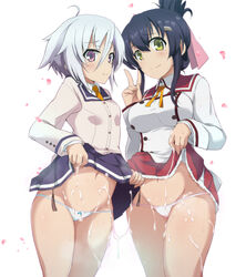 2girls black_hair blush breasts clothing cum cum_on_body cum_on_lower_body green_eyes groin hair_ornament hair_ribbon itomi_sayaka large_breasts multiple_girls navel ouhashi panties purple_eyes ribbon school_uniform skirt skirt_lift small_breasts smile toji_no_miko underwear v white_hair white_panties yanase_mai