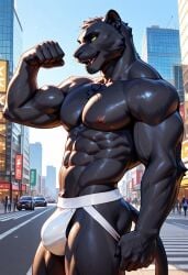 abs ai_generated anthro anthro_male biceps black_fur blush boss_koji_(fortnite) bulge flexing_arms fortnite furry gay jockstrap jockstrap_only looking_at_viewer male male_only muscular muscular_male nude_male panther smile toned_body toned_male twall97 yellow_eyes