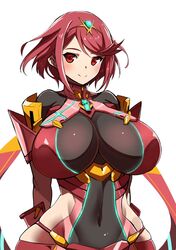 1girls 
pyra_(xenoblade) armor arms_behind_back blush breasts covered_navel curvy female female_only hair_ornament hip_focus hips huge_breasts looking_at_viewer nintendo nuezou pyra red_eyes red_hair short_hair simple_background smile solo source_request white_background wide_hips xenoblade_(series) xenoblade_chronicles_2